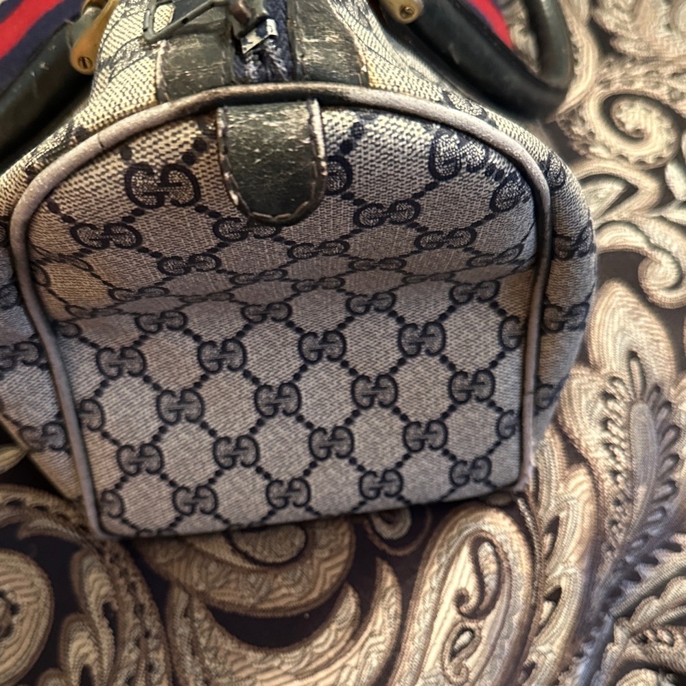 Gucci Beige Monogram Tote with Red and Navy Stripe - Picture 4 of 12